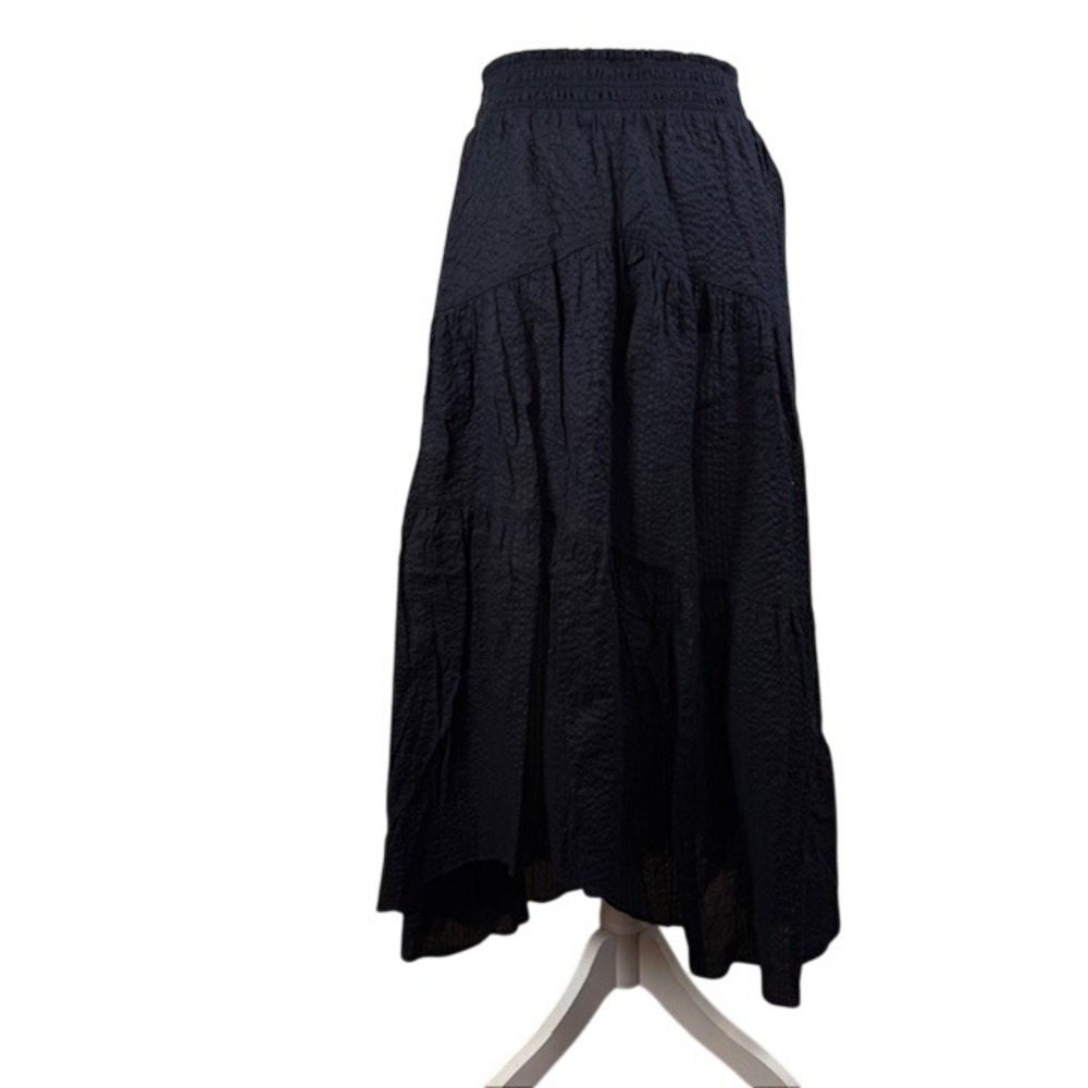 FRAME Gathered Seam Midi Skirt Boho High Low Crinkle Navy Large Cotton LWWB0774